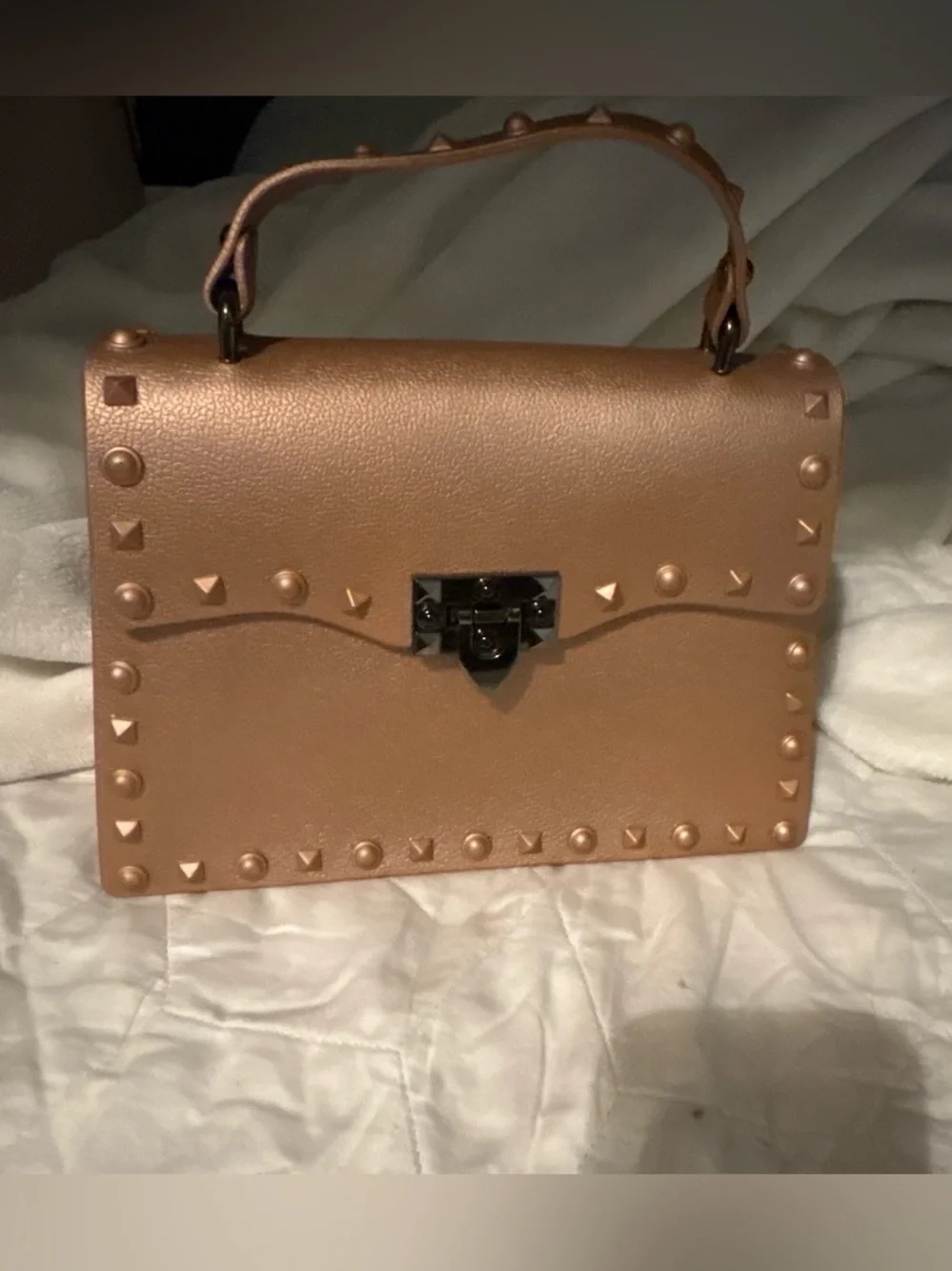 Studded Top Handle Satchel in Rose Gold